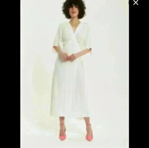 Midi white beach wedding wrap A line flared ruched  short sleeve dress M